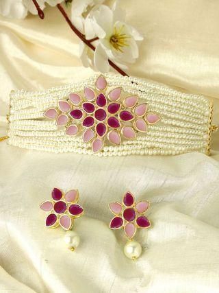 Karatcart Gold Plated Pearl Beaded Royal Pink and Baby Pink Kundan Stone Choker Necklace Set - Bluetick Nexus Pvt Ltd