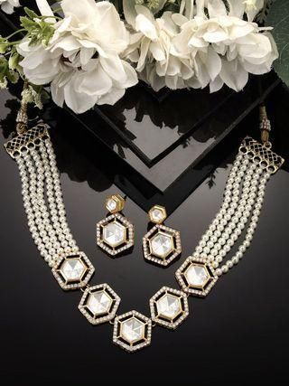 Karatcart Pearl Beaded Hexagonal Polki Kundan Necklace Set for Women - Bluetick Nexus Pvt Ltd
