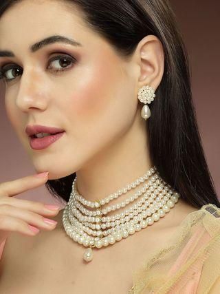 Karatcart Pearl Beaded Kundan Choker Necklace Set for Women - Bluetick Nexus Pvt Ltd