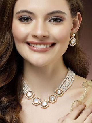 Karatcart Pearl Beaded Hexagonal Polki Kundan Necklace Set for Women - Bluetick Nexus Pvt Ltd