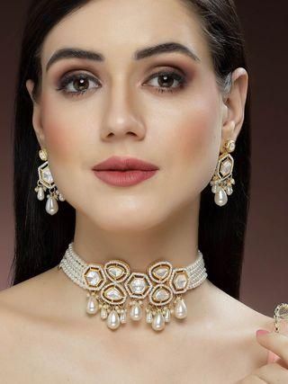 Karatcart Pearl Beaded Polki Kundan Choker Necklace Set for Women - Bluetick Nexus Pvt Ltd