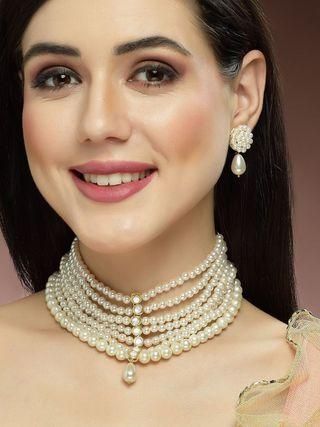 Karatcart Pearl Beaded Kundan Choker Necklace Set for Women - Bluetick Nexus Pvt Ltd