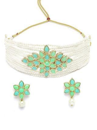 Karatcart Gold Plated Pearl Beaded Light Blue and Light Green Kundan Stone Choker Necklace Set - Bluetick Nexus Pvt Ltd