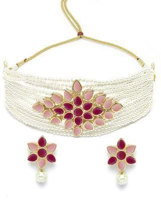 Karatcart Gold Plated Pearl Beaded Royal Pink and Baby Pink Kundan Stone Choker Necklace Set - Bluetick Nexus Pvt Ltd
