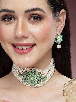 Karatcart Gold Plated Pearl Beaded Light Blue and Light Green Kundan Stone Choker Necklace Set - Bluetick Nexus Pvt Ltd