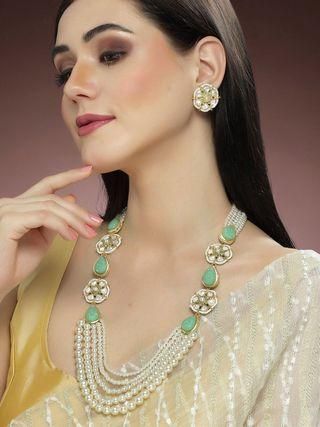 Karatcart Pearl Beaded Light Green Carved Stone Kundan Rani Haar Necklace Set for Women - Bluetick Nexus Pvt Ltd