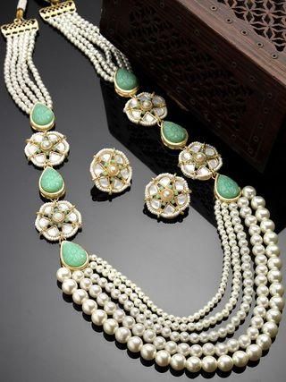 Karatcart Pearl Beaded Light Green Carved Stone Kundan Rani Haar Necklace Set for Women - Bluetick Nexus Pvt Ltd