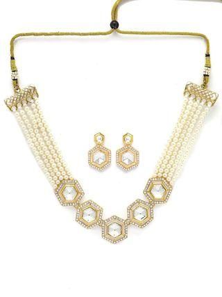Karatcart Pearl Beaded Hexagonal Polki Kundan Necklace Set for Women - Bluetick Nexus Pvt Ltd