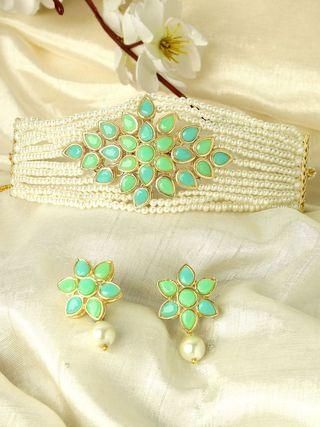 Karatcart Gold Plated Pearl Beaded Light Blue and Light Green Kundan Stone Choker Necklace Set - Bluetick Nexus Pvt Ltd