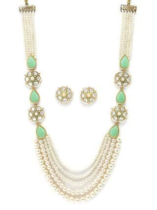 Karatcart Pearl Beaded Light Green Carved Stone Kundan Rani Haar Necklace Set for Women - Bluetick Nexus Pvt Ltd