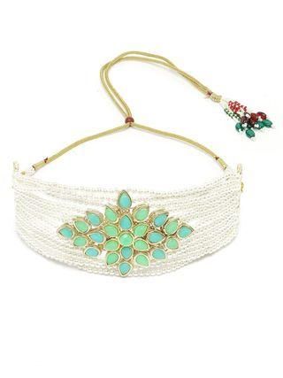 Karatcart Gold Plated Pearl Beaded Light Blue and Light Green Kundan Stone Choker Necklace Set - Bluetick Nexus Pvt Ltd