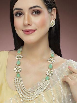 Karatcart Pearl Beaded Light Green Carved Stone Kundan Rani Haar Necklace Set for Women - Bluetick Nexus Pvt Ltd