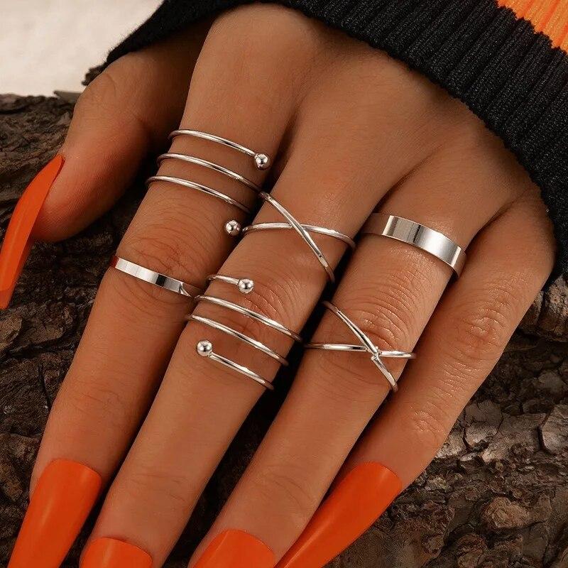 Silver Color Round Hollow Geometric Fashion Cross Twist Open Ring Set Joint (6Pcs) - Bluetick Nexus Pvt Ltd