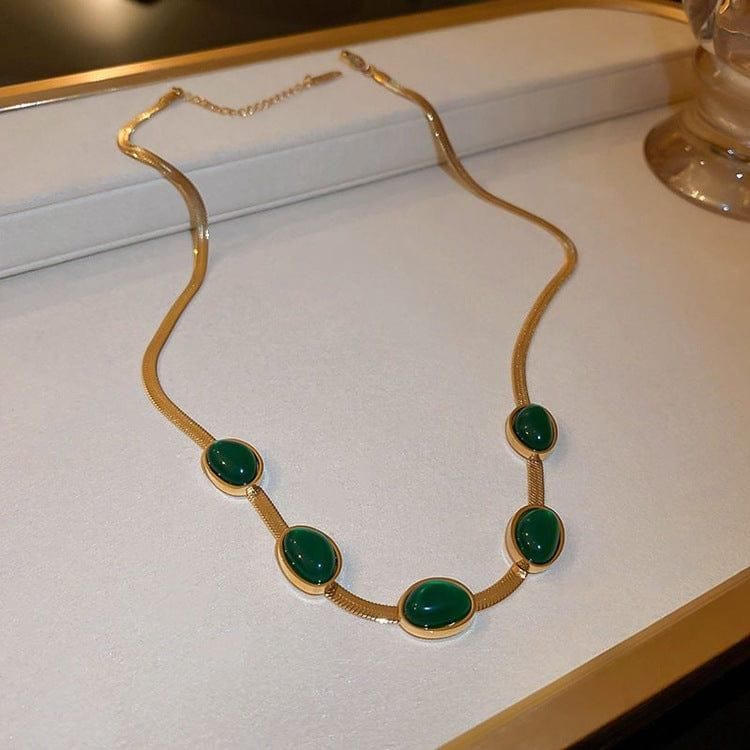Oval Green Crystal Pendant Necklace Set With Bracelet - Bluetick Nexus Pvt Ltd