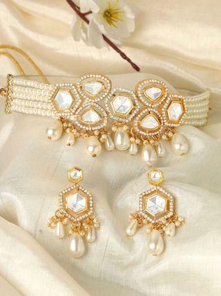 Karatcart Pearl Beaded Polki Kundan Choker Necklace Set for Women - Bluetick Nexus Pvt Ltd