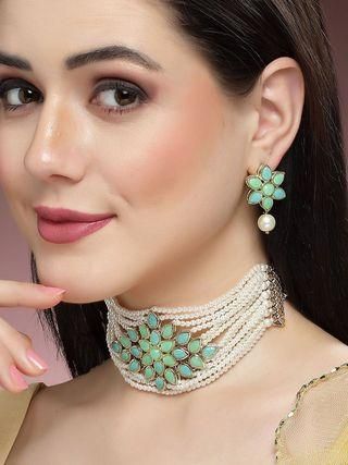 Karatcart Gold Plated Pearl Beaded Light Blue and Light Green Kundan Stone Choker Necklace Set - Bluetick Nexus Pvt Ltd