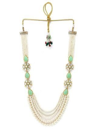 Karatcart Pearl Beaded Light Green Carved Stone Kundan Rani Haar Necklace Set for Women - Bluetick Nexus Pvt Ltd