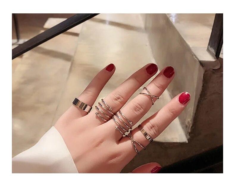 Silver Color Round Hollow Geometric Fashion Cross Twist Open Ring Set Joint (6Pcs) - Bluetick Nexus Pvt Ltd