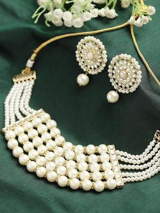 Karatcart Pearl Multilayer Beaded Kundan Choker Necklace Set for Women - Bluetick Nexus Pvt Ltd