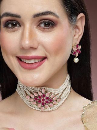 Karatcart Gold Plated Pearl Beaded Royal Pink and Baby Pink Kundan Stone Choker Necklace Set - Bluetick Nexus Pvt Ltd