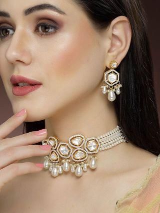 Karatcart Pearl Beaded Polki Kundan Choker Necklace Set for Women - Bluetick Nexus Pvt Ltd
